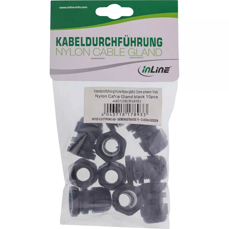 Kaapeliläpivienti InLine 44012B nylon IP68 kaapelille Ø6–12 mm, musta, 10 kpl pakkaus