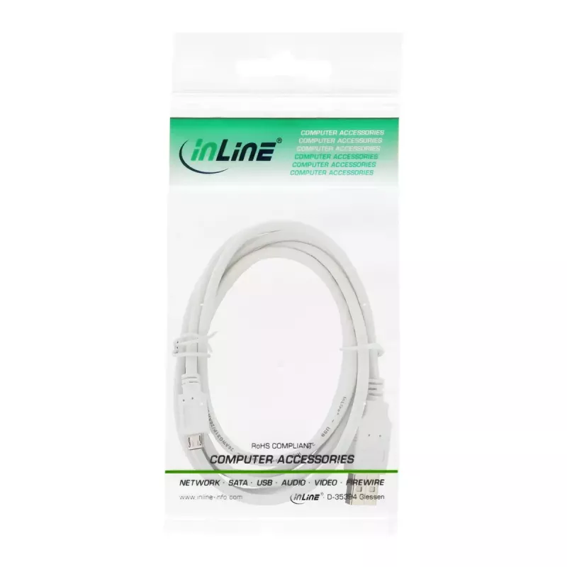 InLine Micro-USB-2.0-kaapeli USB Type-A uros / Micro-B uros, valkoinen, 2 m