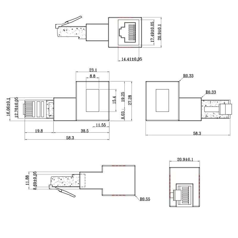 InLine verkkokaapeliadapteri Cat.6A, RJ45 uros / naaras, 90° oikealle taivutettu