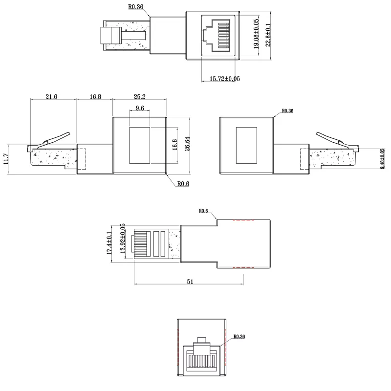 InLine verkkokaapeliadapteri Cat.6A, RJ45 uros / naaras, 90° ylöspäin taivutettu