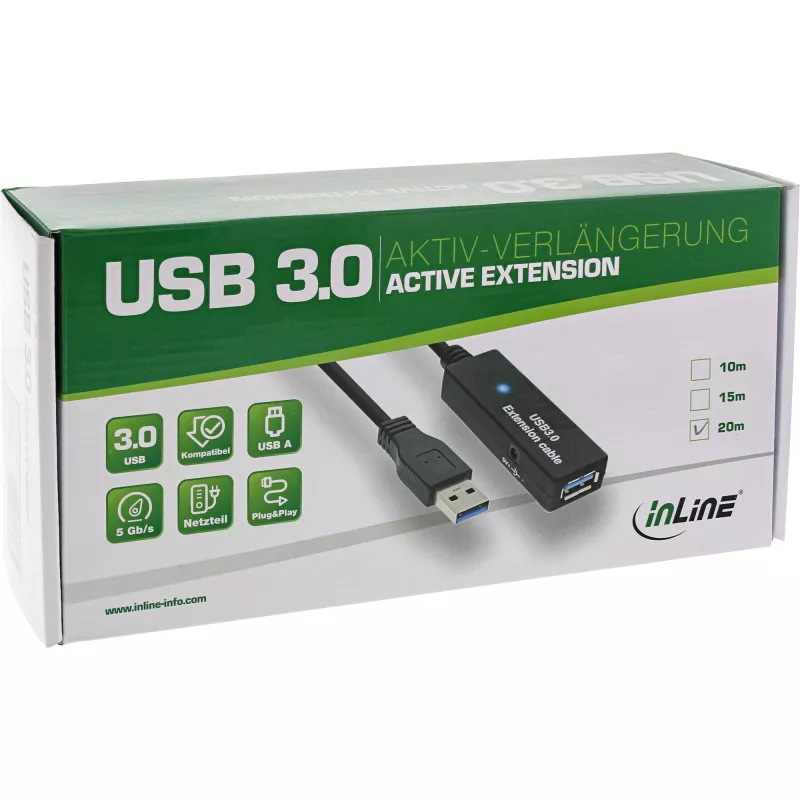 InLine USB3.2 Gen.1 aktiivinen toistinkaapeli Type-A uros / naaras, musta, 20 m
