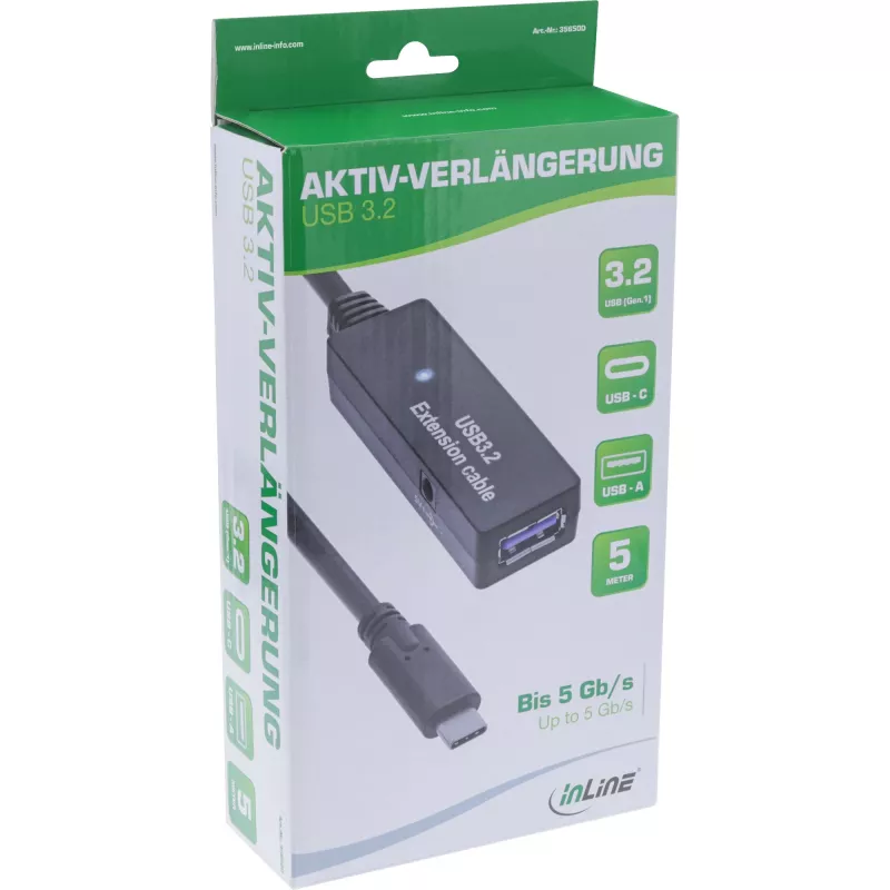 InLine USB 3.2 Gen.1 aktiivinen jatkokaapeli, USB-C uros USB-A naaras, 5 m