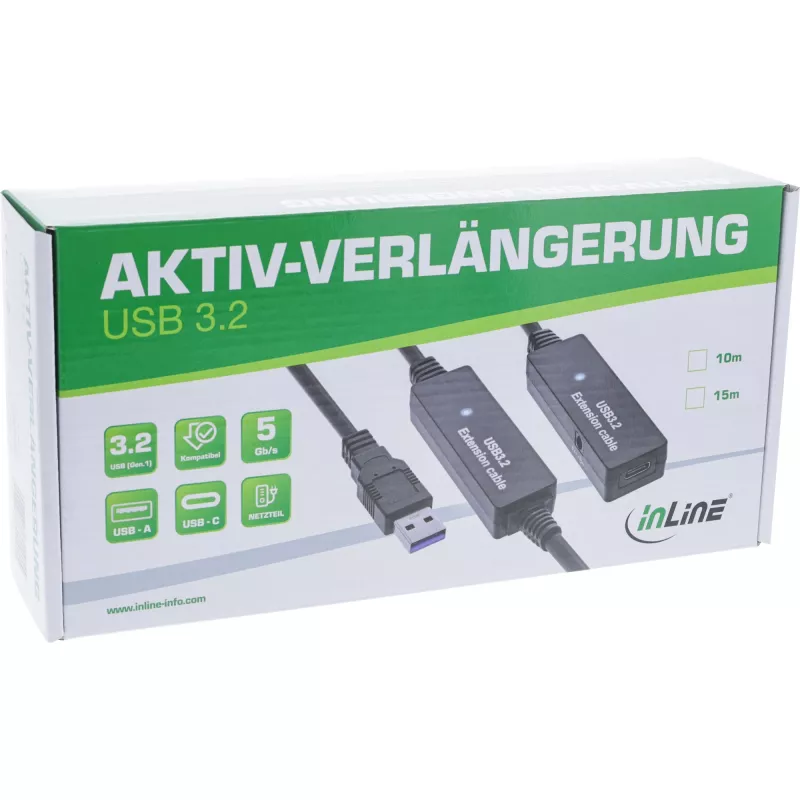 InLine USB 3.2 Gen.1 aktiivinen jatkokaapeli, USB-A uros USB-C naaras, 10 m