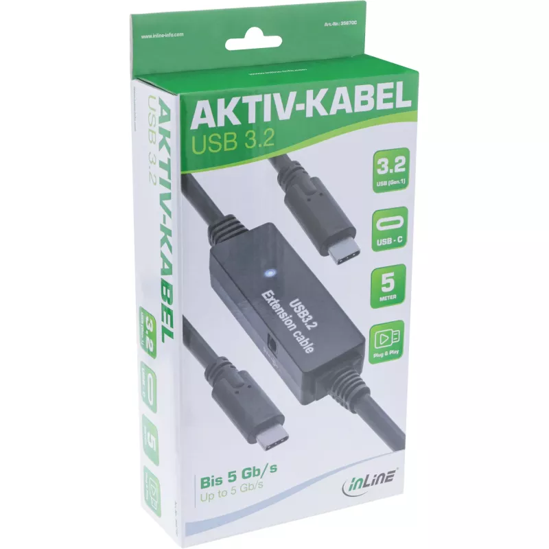 InLine USB 3.2 Gen.1 aktiivikaapeli, USB-C uros USB-C uros, 5 m