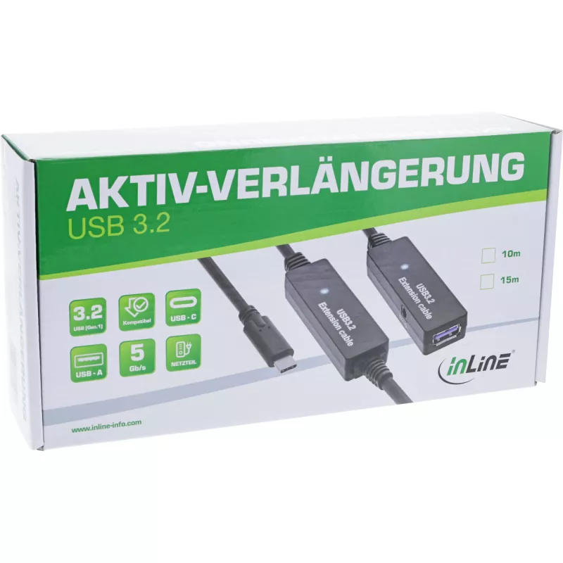 InLine USB 3.2 Gen.1 aktiivinen jatkokaapeli, USB-C uros USB-A naaras, 15 m