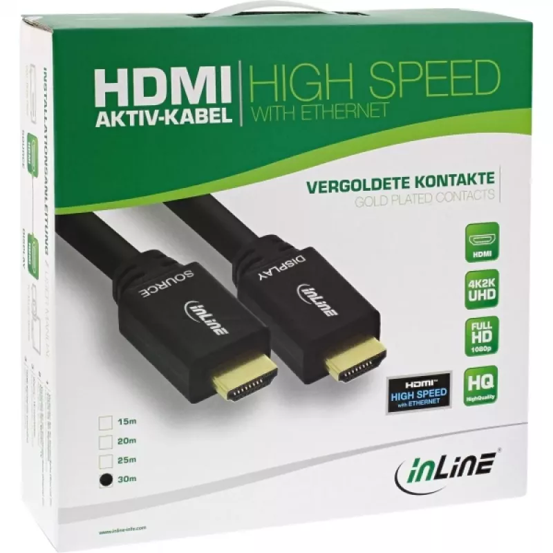 InLine, aktiivinen High Speed HDMI -kaapeli Ethernetillä, M/M, musta, kullatut kontaktit, 30 m