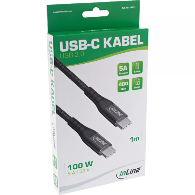 InLine USB 2.0 -kaapeli, USB-C uros/uros 100W pikalatauskaapeli, 2m