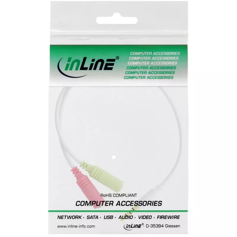 InLine audio-headset-sovitinkaapeli 3,5 mm liitin 4-napainen / 2x 3,5 mm, valkoinen, 0,15 m