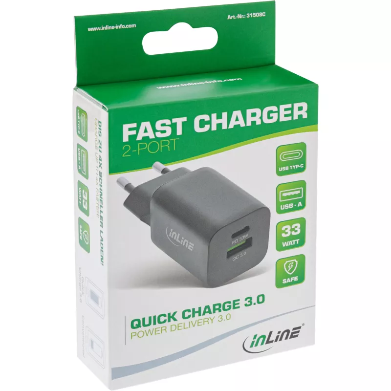 InLine USB-verkkolaite, laturi, USB-A + USB Type-C, 33W, PD + QC