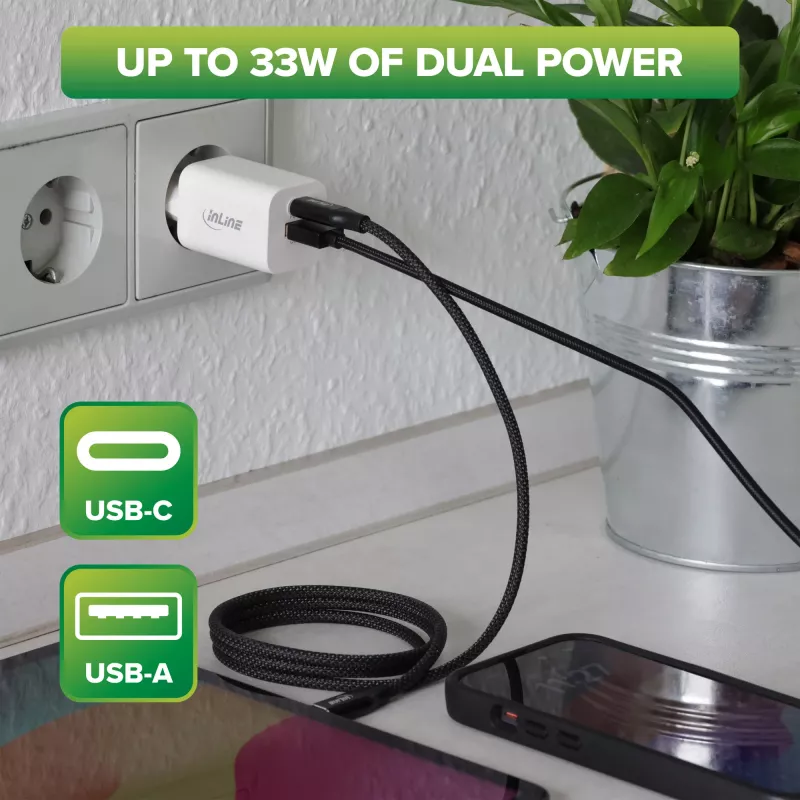 InLine USB-verkkolaite, laturi, USB-A + USB Type-C, 33W, PD + QC