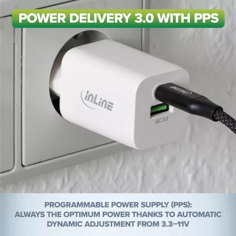 InLine USB-verkkolaite, laturi, USB-A + USB Type-C, 33W, PD + QC