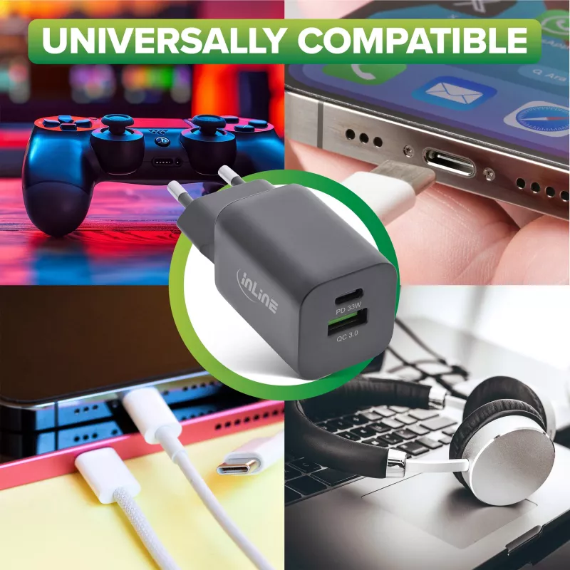 InLine USB-verkkolaite, laturi, USB-A + USB Type-C, 33W, PD + QC