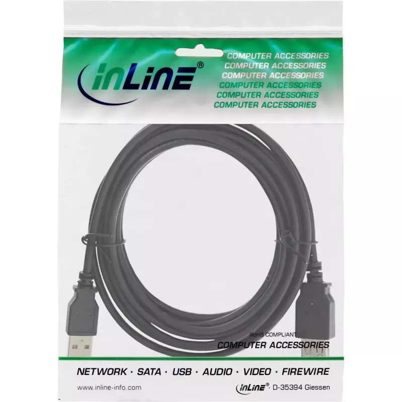 USB 2.0 -jatkokaapeli Type-A uros/naaras InLine 34603B musta 3m