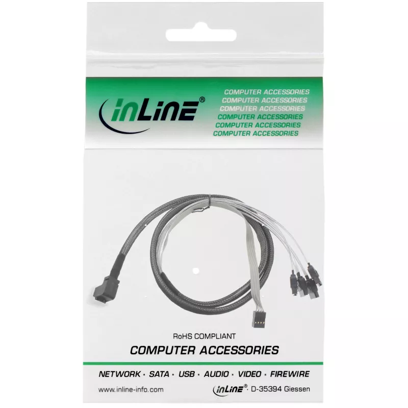 InLine Mini SAS HD -kaapeli SFF-8643 kulmaliitin - 4x SATA + sideband 0,5 m