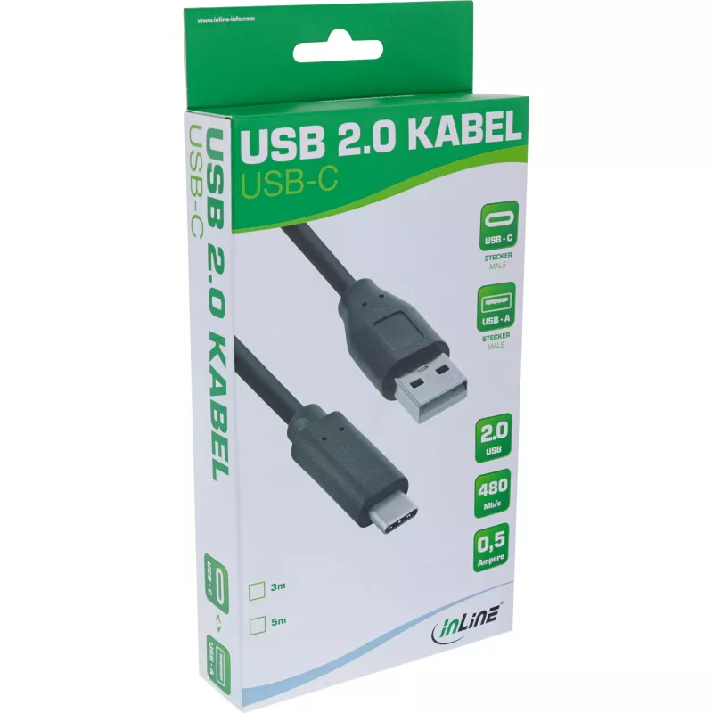 InLine USB 2.0 -kaapeli, USB-C-uros / USB-A-uros, musta, 5 m