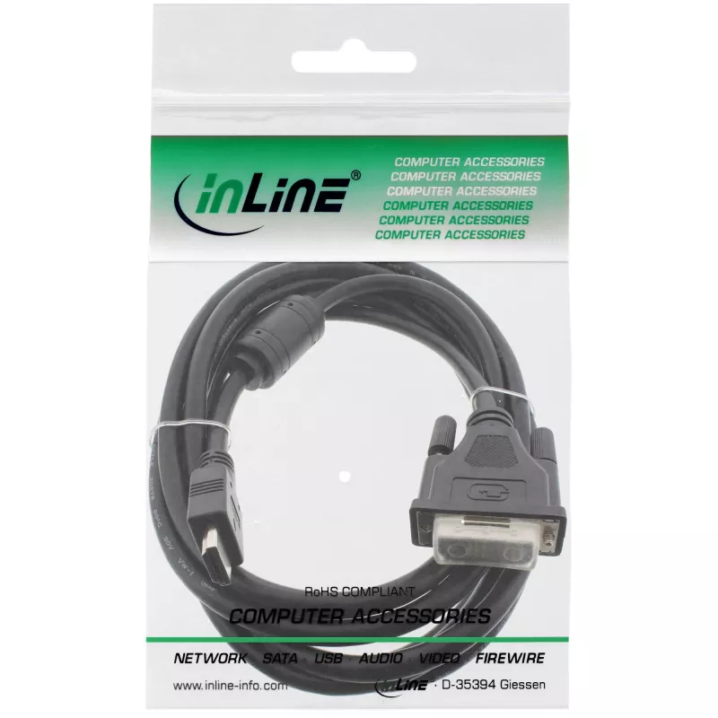 InLine HDMI-DVI-kaapeli 19-pin uros / 18+1 uros + ferriittisydän musta 1 m