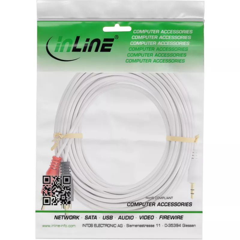 InLine audiokaapeli, 2x RCA-uros - 3,5 mm uros, stereo, valkoinen/kulta, 2 m
