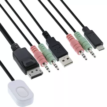 InLine KVM-kytkin, 2-porttinen, USB-C+DP - DisplayPort, 4K, audio, integr. kaapeli