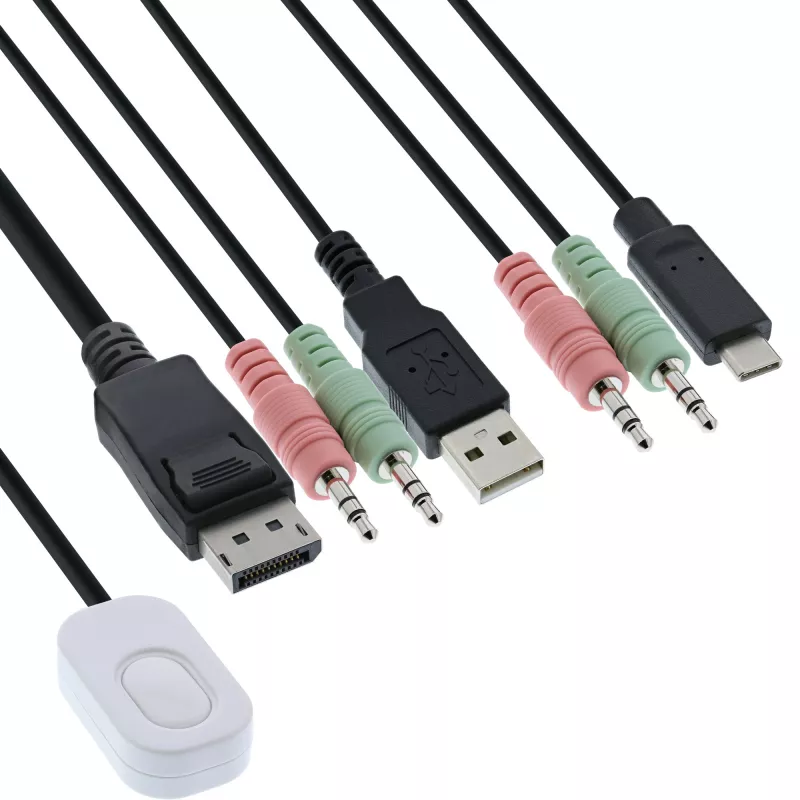 InLine KVM-kytkin, 2-porttinen, USB-C+DP - DisplayPort, 4K, audio, integr. kaapeli