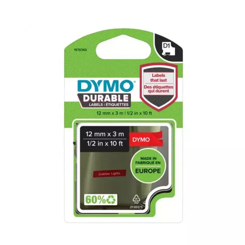 DYMO D1 1978366 tarranauha, valkoinen punaisella, 12 mm x 3 m