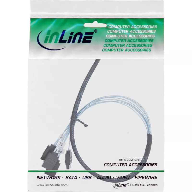 InLine ohut SAS-kaapeli, SFF-8654 - 4x SATA 7-pin, 12 Gb/s, 0,5 m