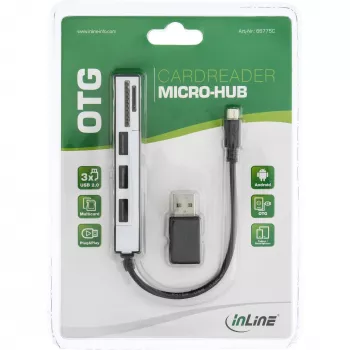 InLine USB OTG -kortinlukija ja 3-porttinen USB 2.0 -keskitin SDXC- ja microSD-korteille + adapteri