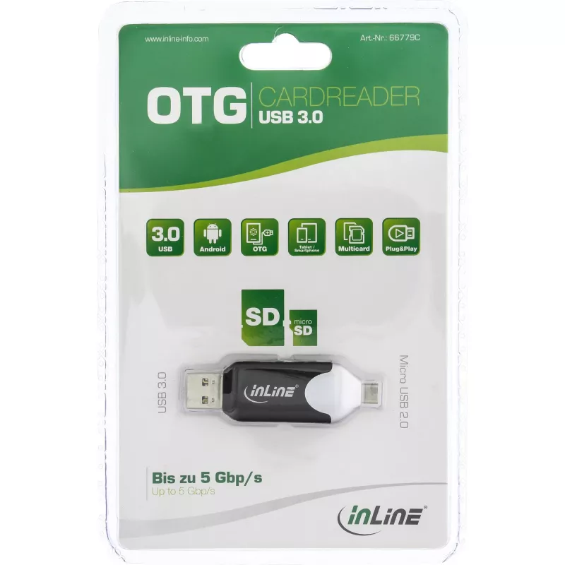InLine USB3.0-kaksoiskortinlukija, USB-A ja Micro-USB 2.0 SDXC- ja microSDXC-korteille