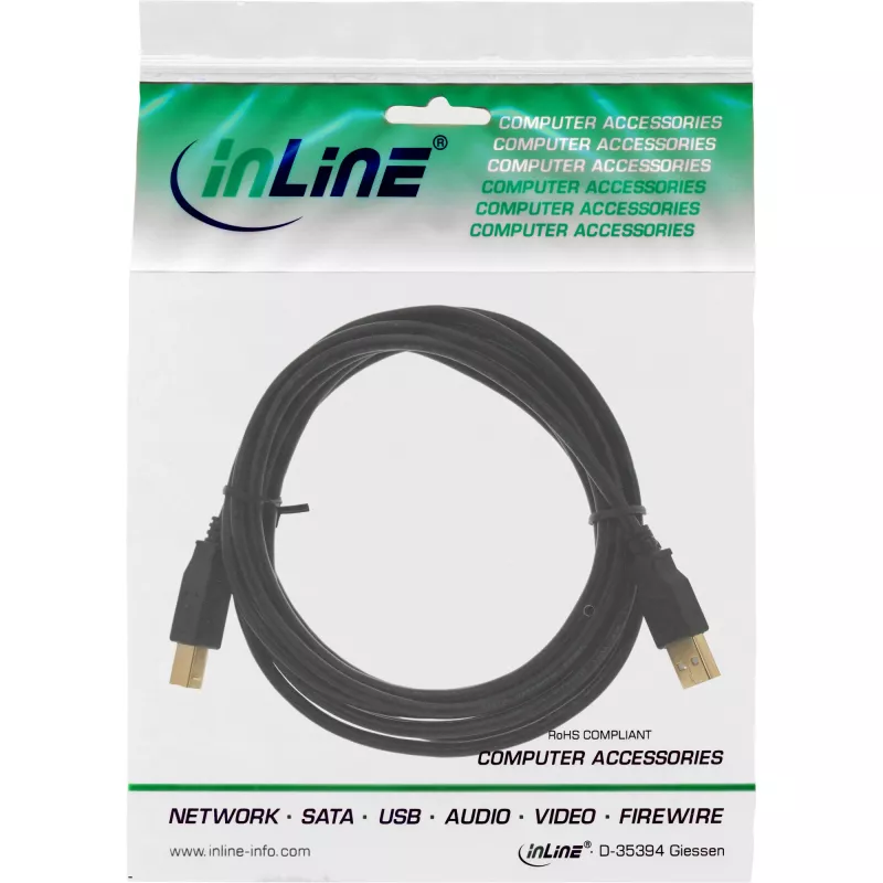 InLine USB 2.0 -kaapeli tyyppi A uros / tyyppi B uros, musta, kullattu, 0,5 m (34505S)