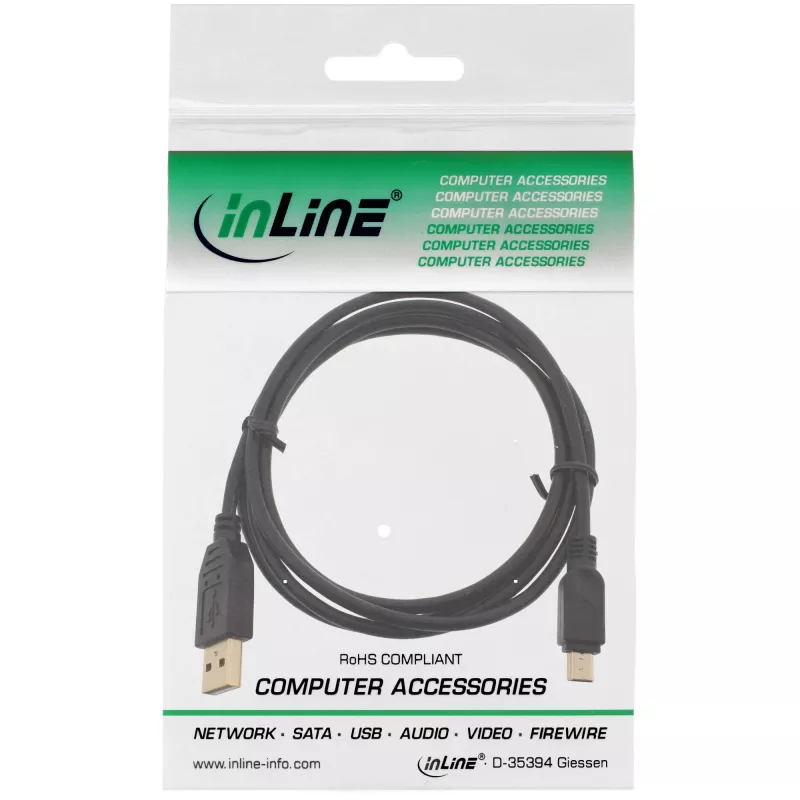 InLine USB 2.0 Mini -kaapeli, Type-A-uros / Mini-B-uros (5-napainen), musta/kulta, 3 m
