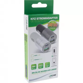 InLine USB-autolaturi verkkovirtasovitin Quick Charge 3.0, valkoinen
