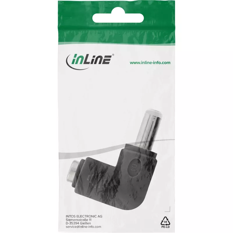 DC-adapteri InLine 5,5×2,5 mm kulmaliitin uros–liitin, 5 V tulo, sisä, musta