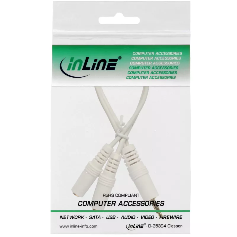InLine stereo Y-kaapeli 3,5 mm:n plugi uros 2 x 3,5 mm:n plugi naaras valkoinen/kulta, 0,1 m