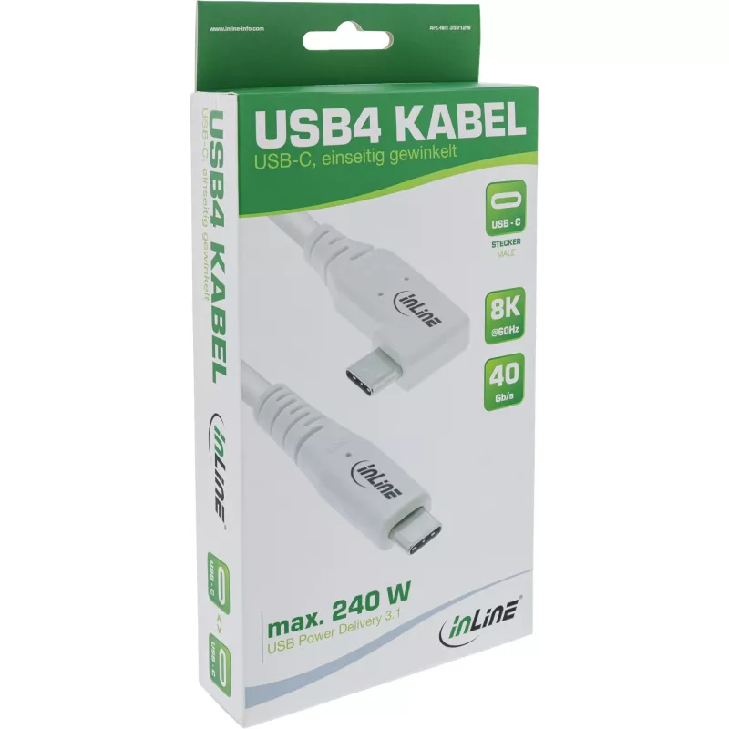 InLine USB4-kaapeli, USB-C, toispuoleisesti kulma, PD 240W, 8K60Hz, TPE, valkoinen, 2m