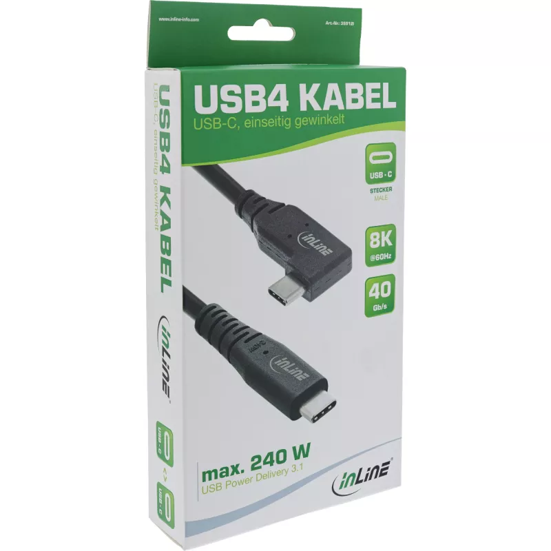 InLine USB4-kaapeli, USB-C, toispuolisesti kulmamallinen, PD 240W, 8K60Hz, TPE, musta, 1 m