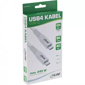 InLine USB4-kaapeli, USB-C uros/uros, PD 240W, 8K60Hz, TPE, valkoinen, 1,5 m