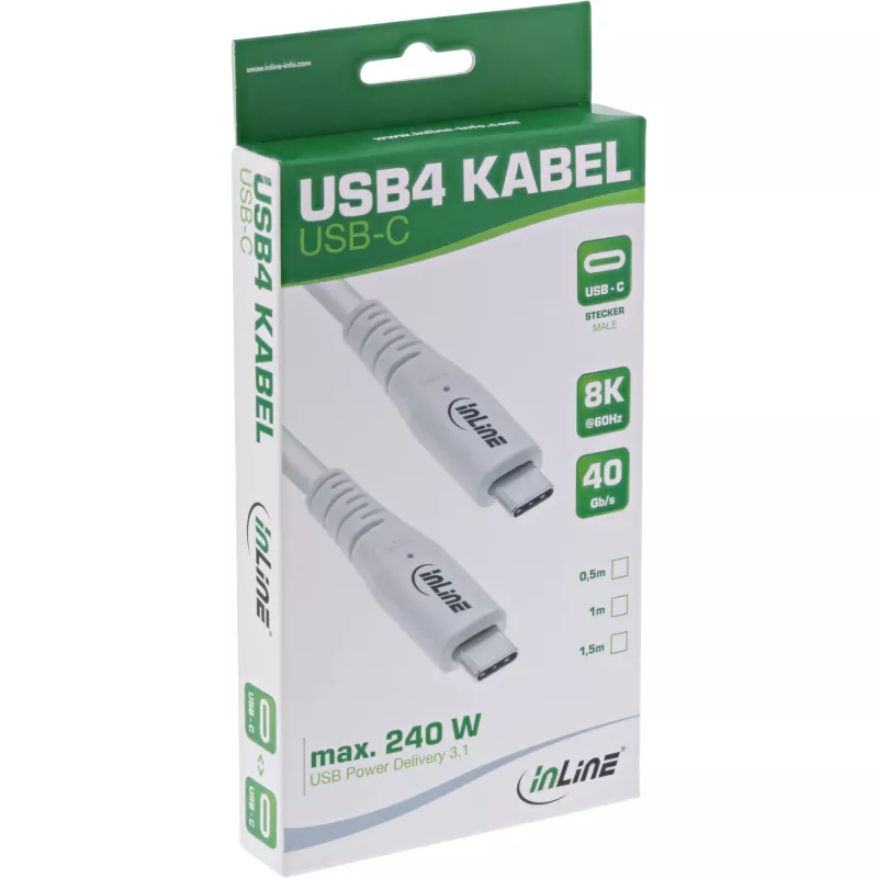 InLine USB4-kaapeli, USB-C uros/uros, PD 240W, 8K60Hz, TPE, valkoinen, 1 m