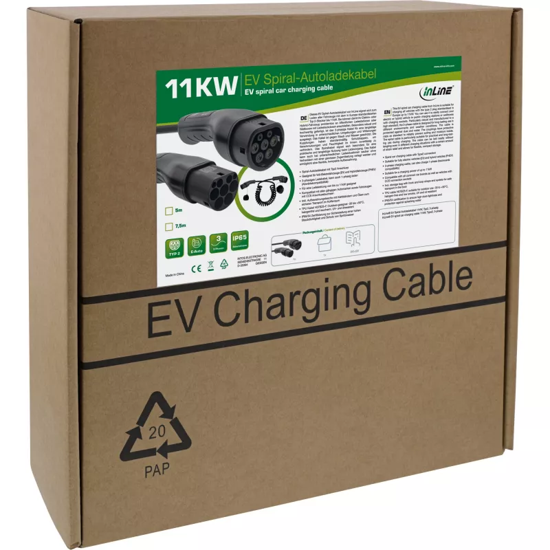 InLine EV-spiraalikaapeli sähköautolle 11 kW Type2, 3-vaiheinen, 5 m