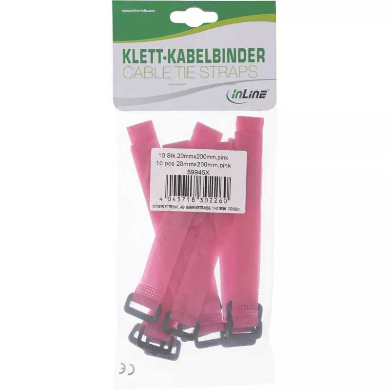 InLine kaapelitarra tarranauhalla 20 x 200 mm, 10 kpl, pinkki