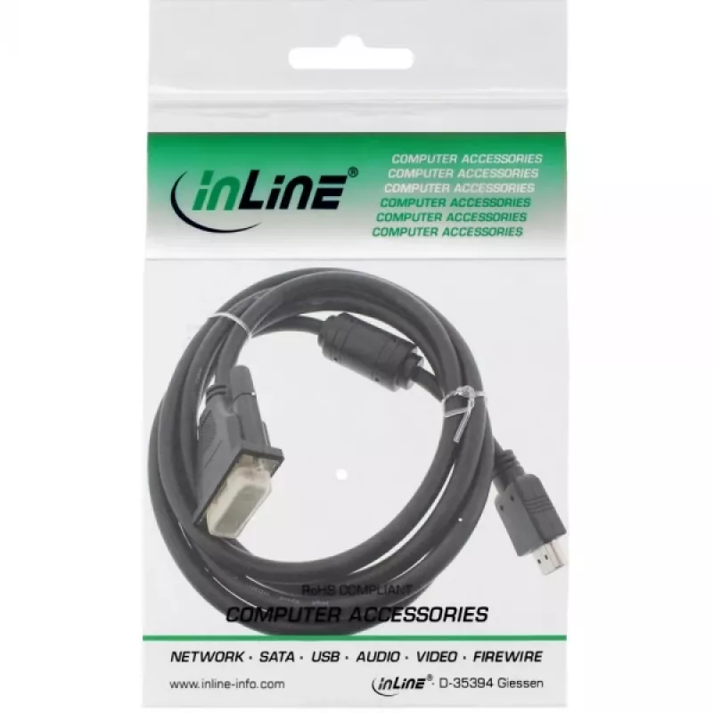 InLine HDMI-DVI-kaapeli 19 pin uros / 18+1 uros + ferriittisydän musta 1,8 m