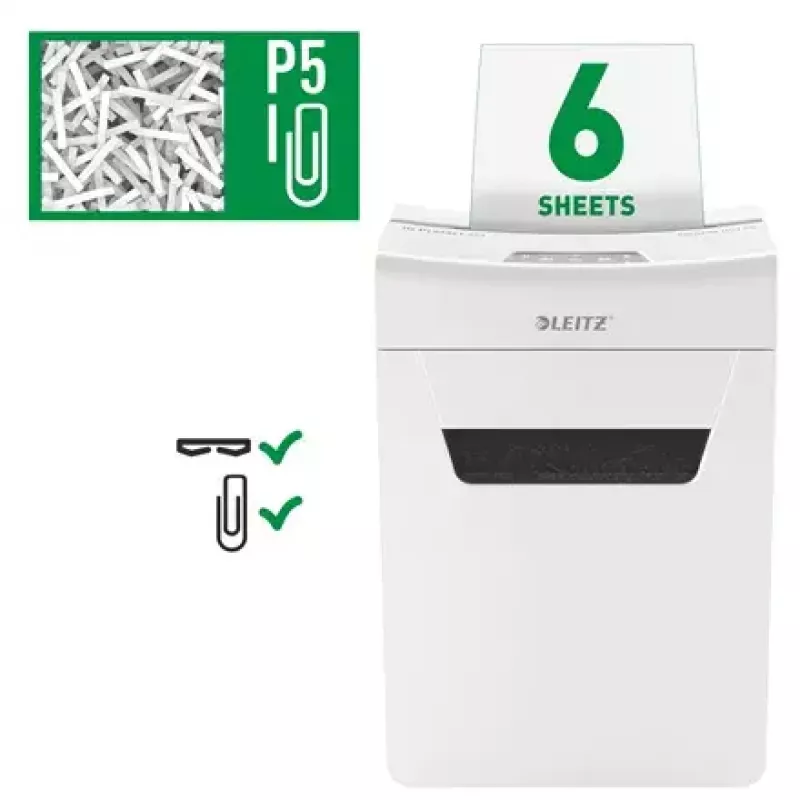 Leitz IQ Protect Premium 6M paperisilppuri 80950000, P5 mikrosilppu, 6 arkkia, 18 l, kosketusohjaus, valkoinen/harmaa
