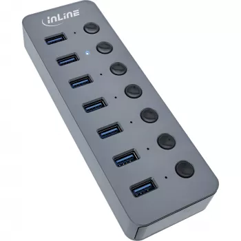 InLine USB 3.2 Gen.1 -keskitin, 7 porttia, kytkimellä, alumiini, harmaa, virtalähteen kanssa