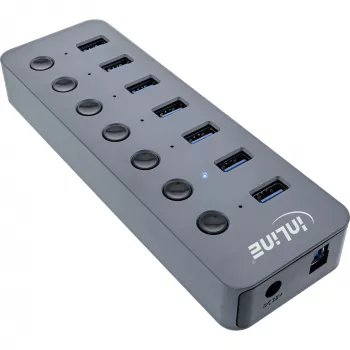 InLine USB 3.2 Gen.1 -keskitin, 7 porttia, kytkimellä, alumiini, harmaa, virtalähteen kanssa