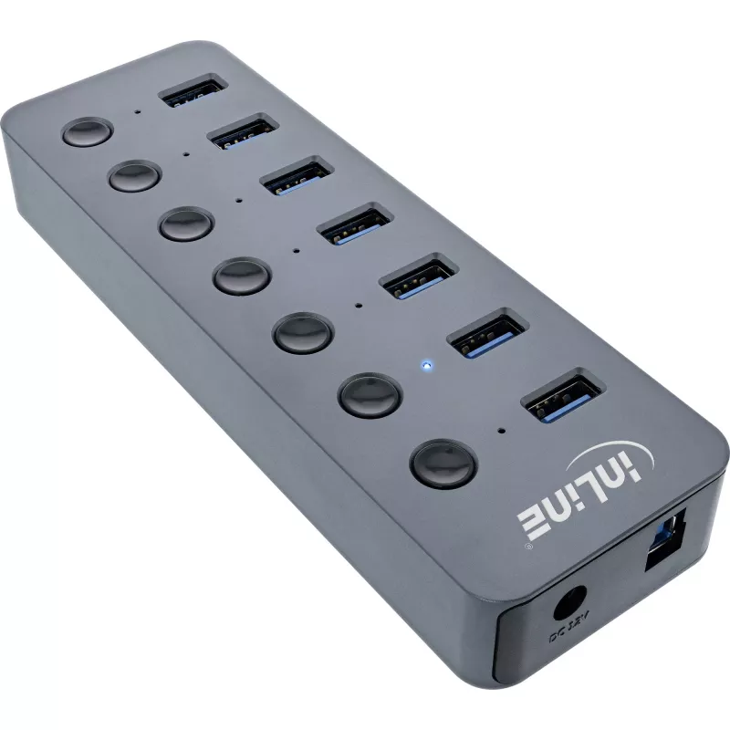 InLine USB 3.2 Gen.1 -keskitin, 7 porttia, kytkimellä, alumiini, harmaa, virtalähteen kanssa