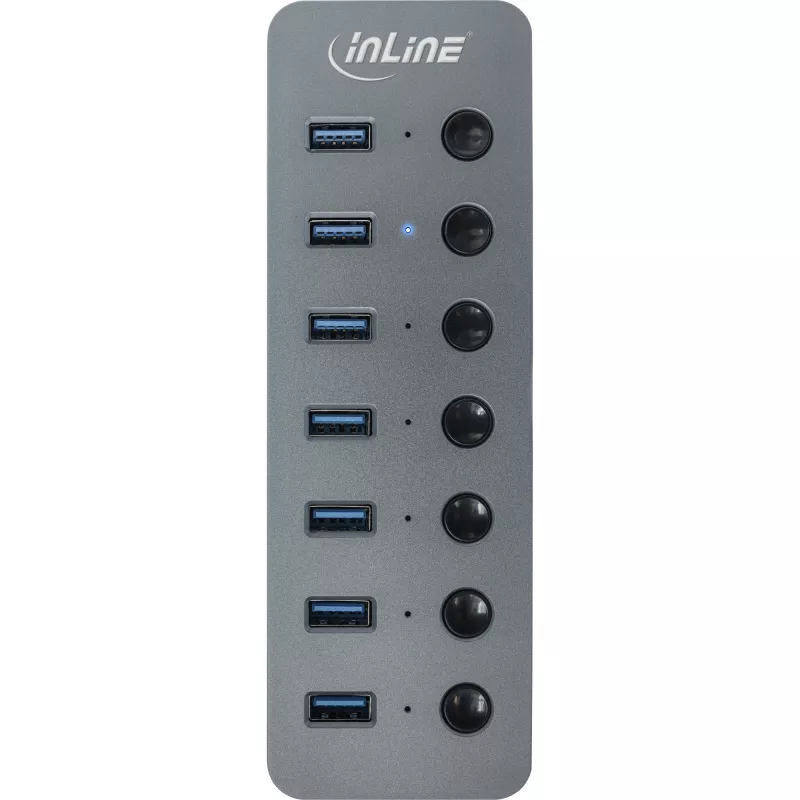 InLine USB 3.2 Gen.1 -keskitin, 7 porttia, kytkimellä, alumiini, harmaa, virtalähteen kanssa