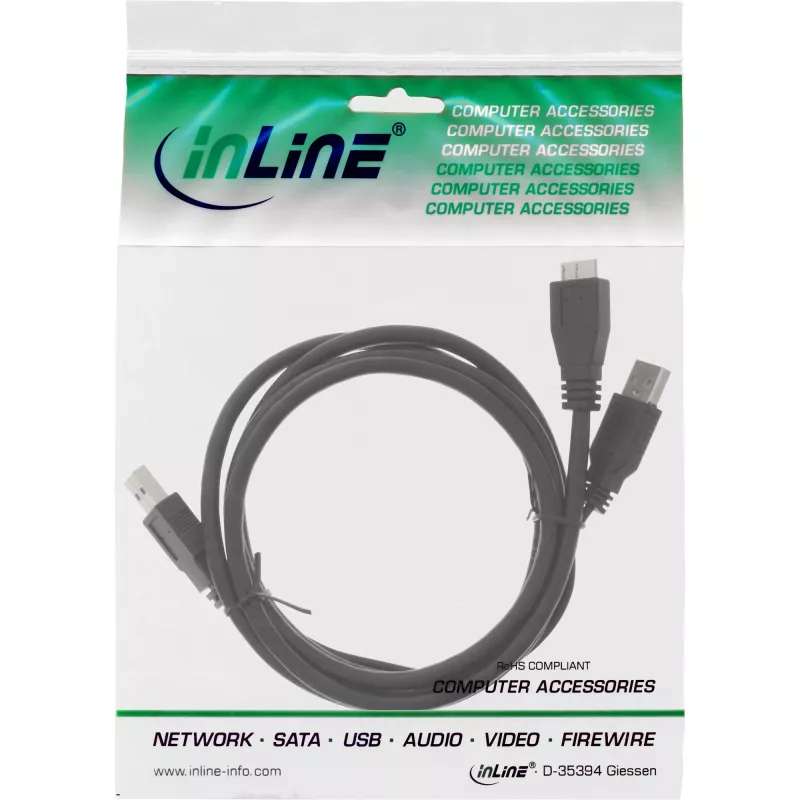 InLine USB 3.2 Gen.1 Y-kaapeli 2x Type-A-uros / Micro-B-uros, musta, 1,5m