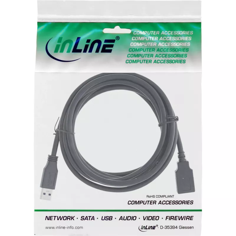 InLine USB 3.2 Gen.1 kaapeli Type-A uros / Type-A naaras, musta, 5 m