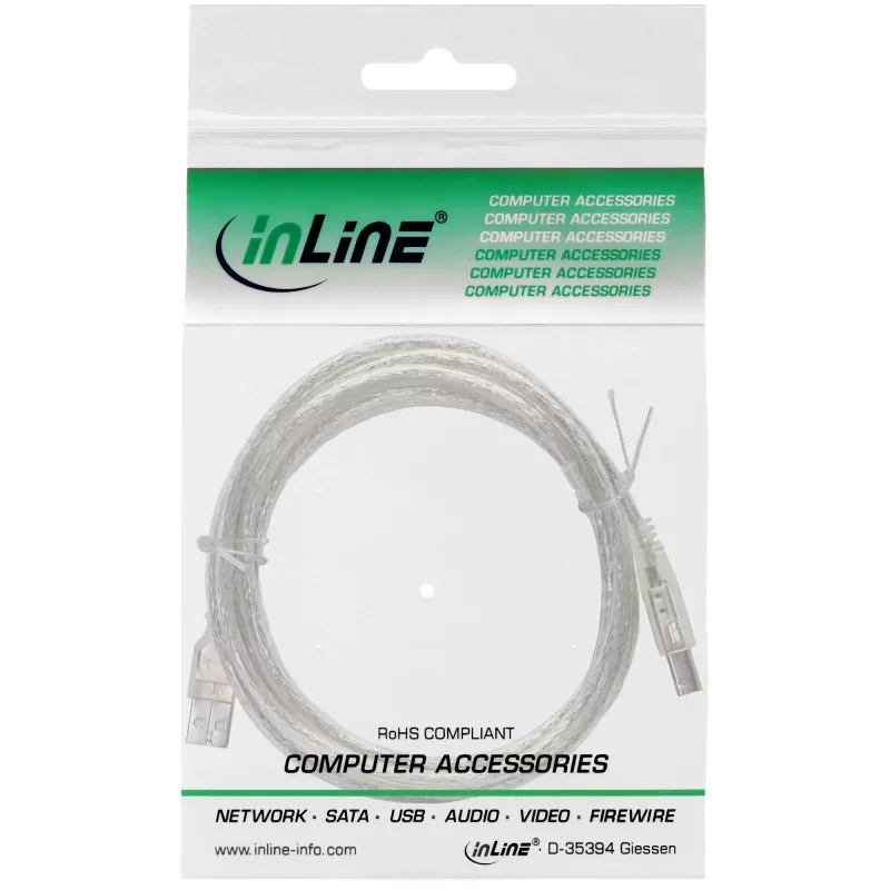 USB 2.0 kaapeli Type-A uros / B uros InLine 34510T 1 m läpinäkyvä