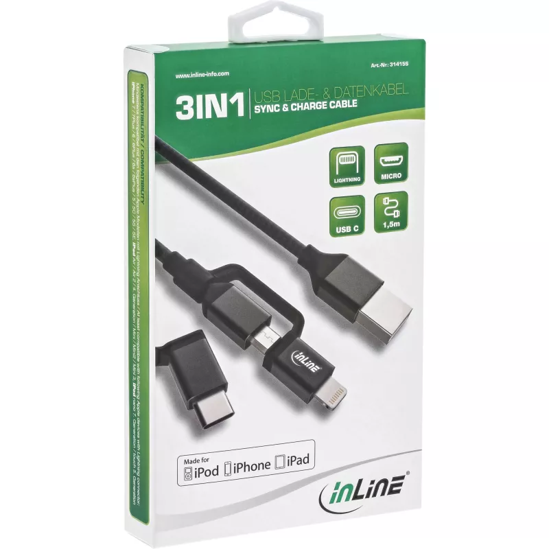 InLine 3-in-1 USB-kaapeli, USB-A uros - Micro-USB+USB-C+Lightning, musta/alumiini