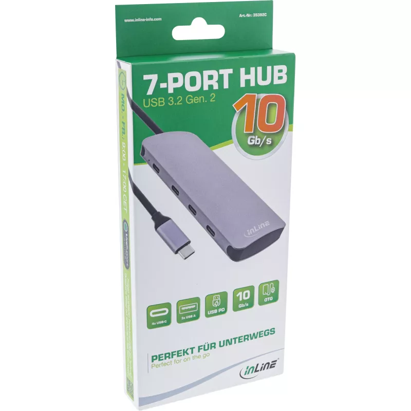 InLine USB 3.2 Gen.2 -keskitin, 4x USB-C + 3x USB-A, PD 100W, alumiini, harmaa