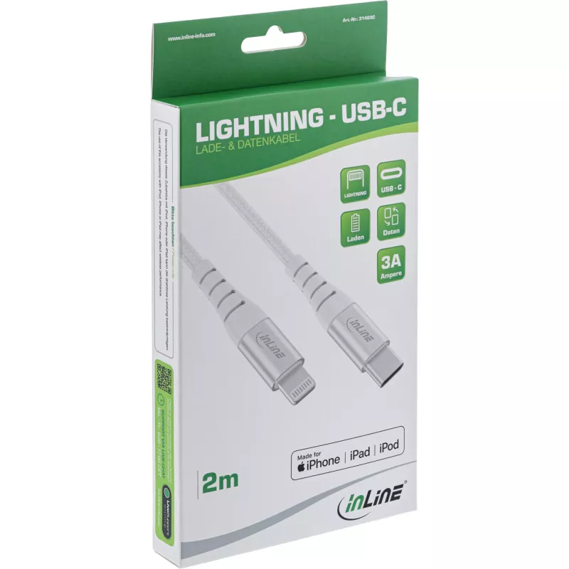 InLine USB-C - Lightning -kaapeli, iPad, iPhone, iPod, hopea/alumiini, 1 m